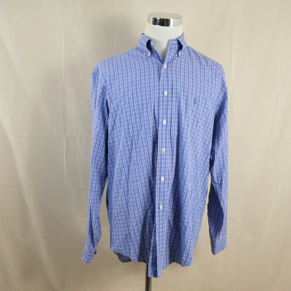 Polo Ralph Lauren 16 34/35 Yarmouth Dress Shirt Blue White Plaid Cotton Mens